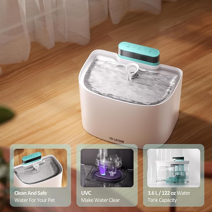 PET LAYSON Pumpless Cat Water Fountain,Smart Cordless Dog Fountains 3.6L/122oz with Maglev Valve Technology Wireless Rechargeable Battery Water Dispenser 8 Filters,2 Nozzles(White01, M1-8 Filter)