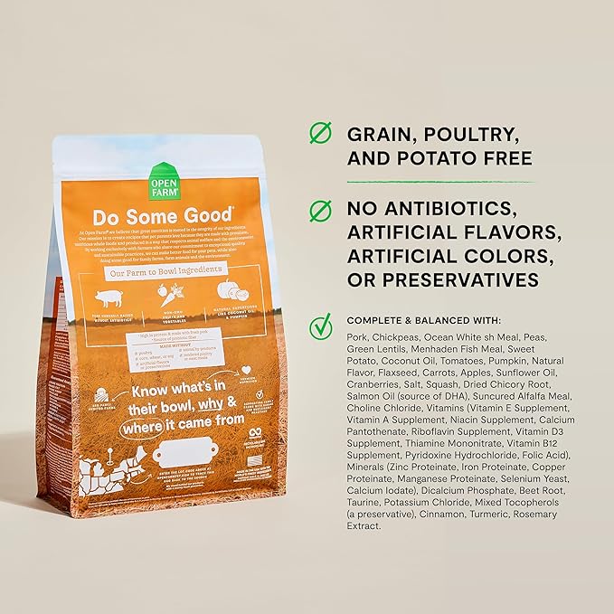 Open Farm, Grain-Free Dry Dog Food, Complete & Balanced Kibble, Sustainably & Ethically Sourced Ingredients, Non-GMO Veggies & Superfoods to Support Overall Health, Pork Recipe, 4lb Bag