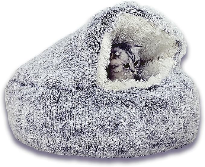 Cat Cave Bed Round Plush Fluffy Hooded Cat Bed Cozy Cats beds Cushion Sofa for Small Dogs Pet Beds Doughnut Calm Anti-nxiety Dog Bed - Waterproof Bottom Washable