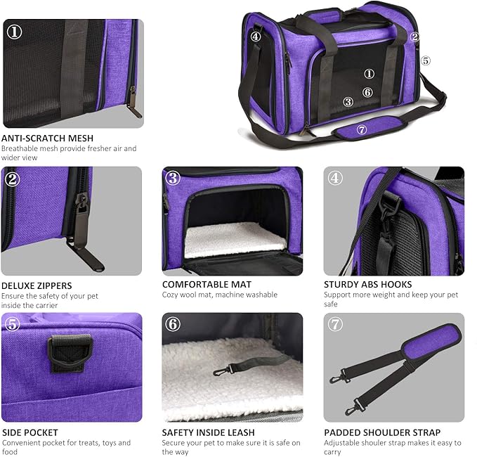 Pet Carrier for Small Medium Cats Dogs Puppies up to 15 Lbs, Airline Approved Small Dog Carrier Soft Sided, Collapsible Travel Puppy Carrier - Purple