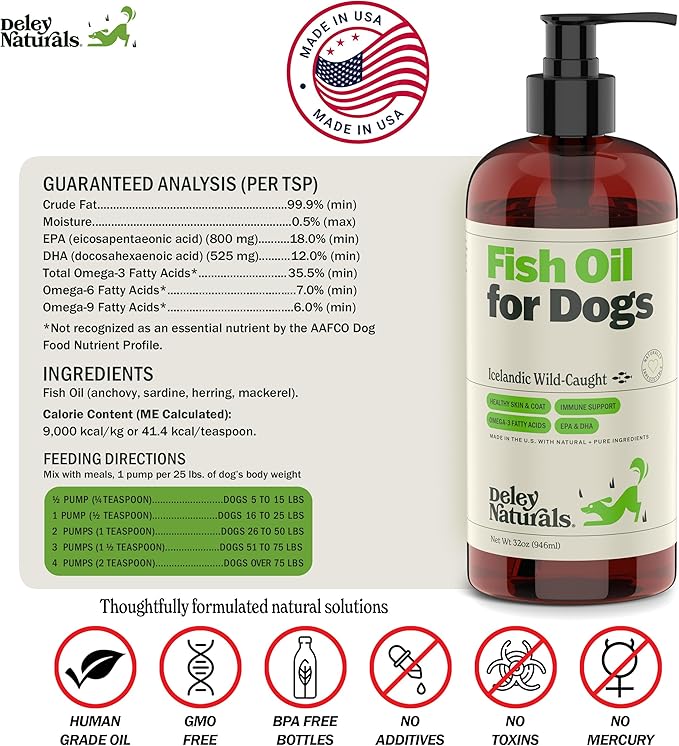 Deley Naturals Dog Fish Oil Icelandic 2X Omega - Dog Itching Skin Relief with Omega 3 6 9 for Allergies, Coat & Heart - Omega 3 Fish Oil for Dogs Skin Irritation - 32oz Omega Oil for Dogs Made in USA