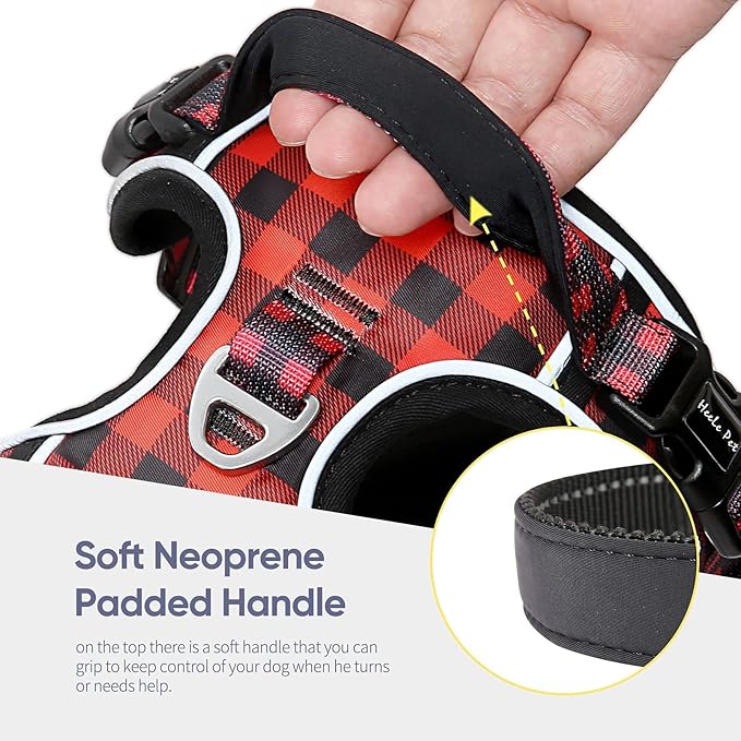 HEELE Dog Harness, No Pull Adjustable Padded Reflective Harness for Small Medium Large Dogs with Handle for Walking Training, Checkered-Red, L