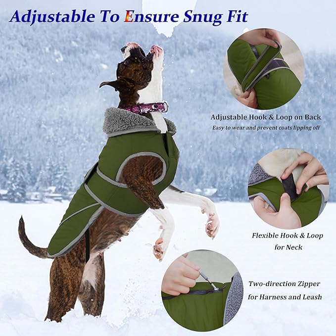 Dogcheer Dog Coat, Christmas Dog Jacket Waterproof Puppy Winter Coat for Cold Weather, Reflective Adjustable Pet Snow Jacket Warm Turtleneck Fleece Sweater for Small Medium Large Dogs - Green, S