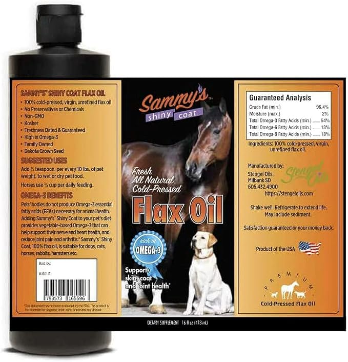 Sammy’s™ Shiny Coat Flaxseed Oil for Pets, Pure Flax Oil for Animals, Omega-3 Fatty Acids for Dogs, Flaxseed Oil Liquid Supplement for Skin and Coat, Flaxseed for Dogs, Cats, Other Pets - 16 oz