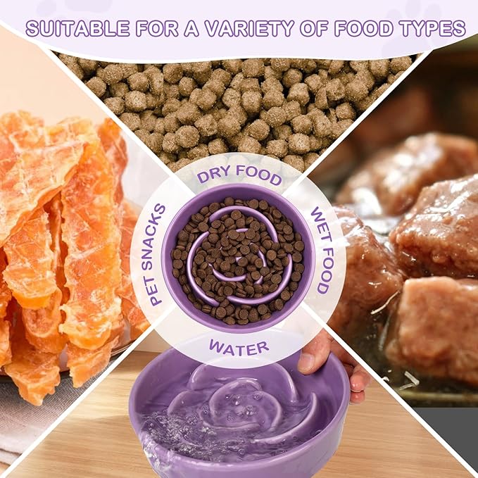 TRUVIC Ceramic Slow Feeder Dog Bowls Small Breed, 0.6 Cup Slow Feeder Cat Bowls for Fast Eaters, Ceramic Dog Food Dish no Black Chin, Puzzle Bowl for Small Dogs and Cats, Purple