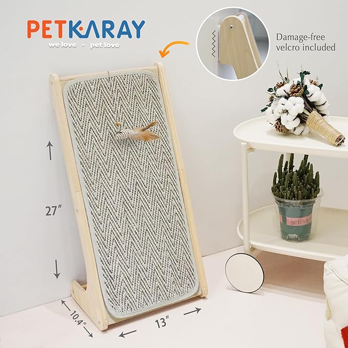 PETKARAY Cat Scratcher, Sisal Cat Scratching Ramp, L Shape Scratch Board for Indoor Kitty, 27" Wall Furniture Protector with Mouse Toy, Chevron