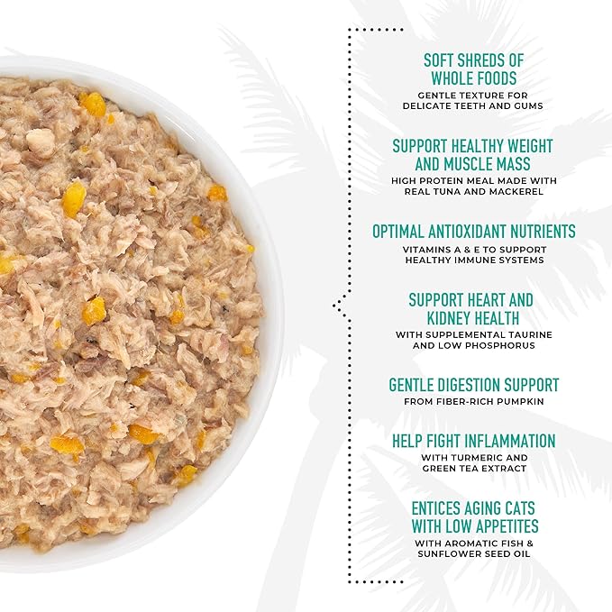 Tiki Cat Silver Comfort Mousse + Shreds, Tuna & Mackerel Recipe in Tuna Broth, Immune System Support Formulated for Older Cats Aged 11+, Senior Wet Cat Food, 2.4 Oz Cans (Pack of 12)