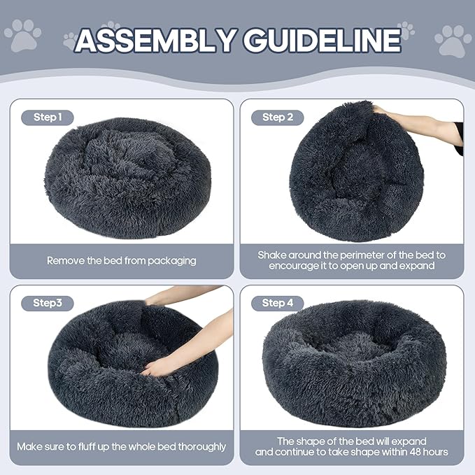 Calming Round Cute Cat & Dog Bed, Anti-Slip Washable Cozy Soft Round Pet Bed, Fluffy Faux Fur Plush Dog Cuddler Bed Fits up to 15 lbs Dogs and Cats(Donut Dark Grey, 20inch x 20inch)