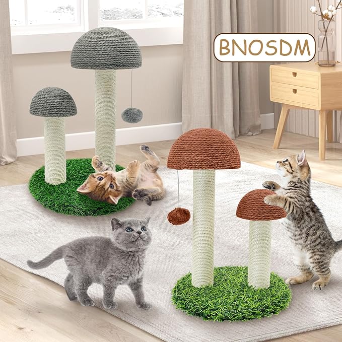 BNOSDM Mushroom Cat Scratcher with 2 Sisal Poles, Cat Scratching Post Pet Interactive Toy Scratch Post with 12 Pcs Cat Toys and Hanging Ball for Indoor Kitten Kitty Small Cats (Grey)