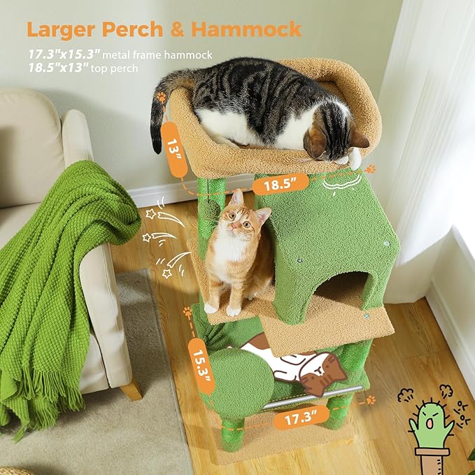 PETEPELA 56.3'' Tall Cat Tree for Indoor Cats, Cactus Cat Tower with Super Large Hammock (20''X16''), Sisal Covered Scratching Posts, Cozy Condo and Top Perch Green
