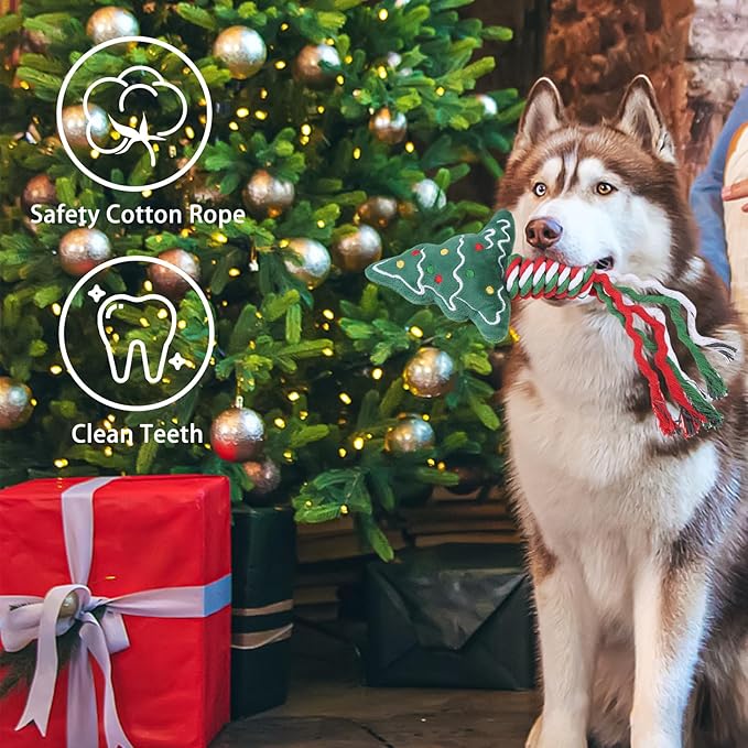 SCENEREAL Christmas Dog Rope Toys, 4pcs Doggy Chew Toys with Stocking for Teething Cleaning, Squeaky Plush Puppy Toy, Interactive Dog Stocking Stuffers, Xmas Gifts for Small Medium Large Dogs