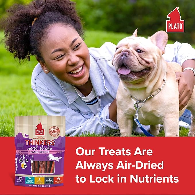 Plato Pet Treats Thinkers - Meat Sticks for Dogs - Limited Ingredient Treats with EPA and DHA to Support Skin, Coat, and Brain - Air-Dried - Lamb 18oz