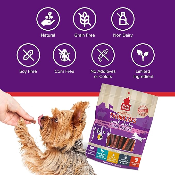 Plato Pet Treats Thinkers - Meat Sticks for Dogs - Limited Ingredient Treats with EPA and DHA to Support Skin, Coat, and Brain - Air-Dried - Lamb 18oz