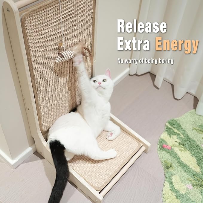Meeyoview Vertical Sisal Cat Scratcher, 27.5'' L Shape Scratching Post, Upright Scratching Pad for Indoor Cats, Solid Wooden Furniture Protector with Catnip
