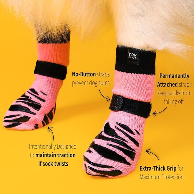 DOK TigerToes Premium Non-Slip Dog Socks for Hardwood Floors - Extra-Thick Grip That Works Even When Twisted - Prevents Licking, Slipping, and Great for Dog Paw Protection (Sassy Pink, Small)