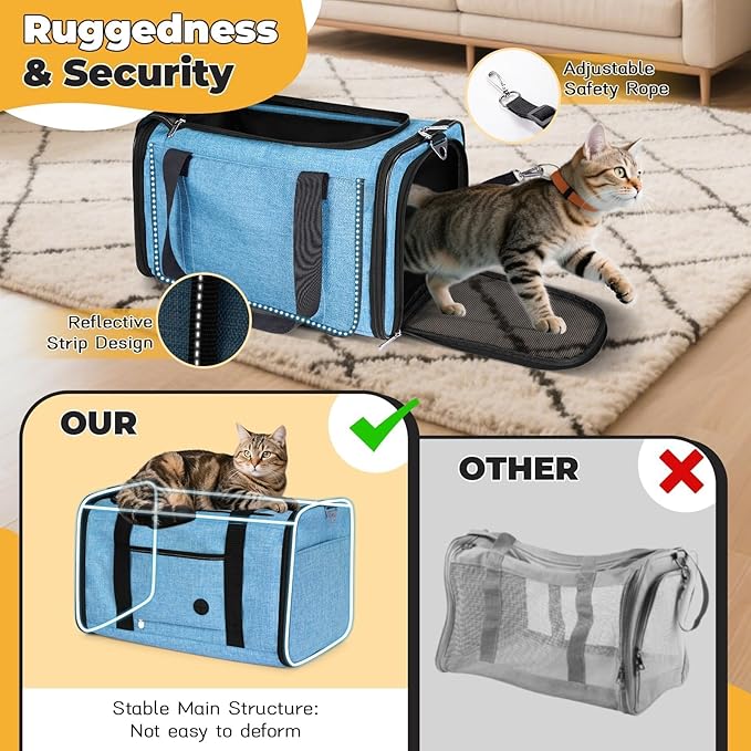 YUDODO 25 lbs Lightproof Airline Approved Cat Small Dog Carrier for Travel Bag Soft Sided Pet Puppy Carriers with Side Pockets & Reflective Mesh, Foldable Portable for Outdoor Car Large Lake Blue
