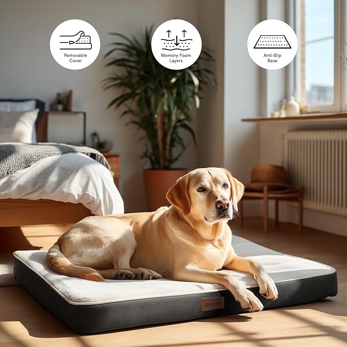 Deconovo Orthopedic Dog Bed for Medium & Large Dogs – Supportive Memory Foam with Washable Cover, Non-Slip Base – Comfort for Senior, Arthritic & Active Pets, White and Grey Side, 44" Lx32 Wx3 Th
