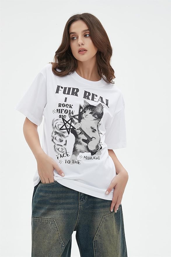 Y2k Graphic Unisex Tees Rock Guitar Cat T-Shirt Short Sleeve Oversized Tee Vintage Retro Grunge Streetwear Shirts