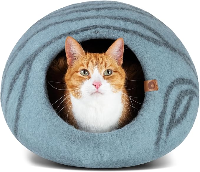 MEOWFIA Cat Cave – Premium Felt Cat Bed for Indoor Cats, Handmade 100% Merino Wool (Light Shades) (Large, Aquamarine)