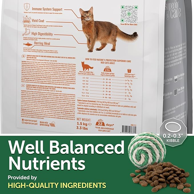 Nature's Protection Superior Care Red Cats Grain Free Dry Cat Food with Herring, Adult All Breeds Red Coated Cats, No Tear Stains, No Hairball 3.3 lb