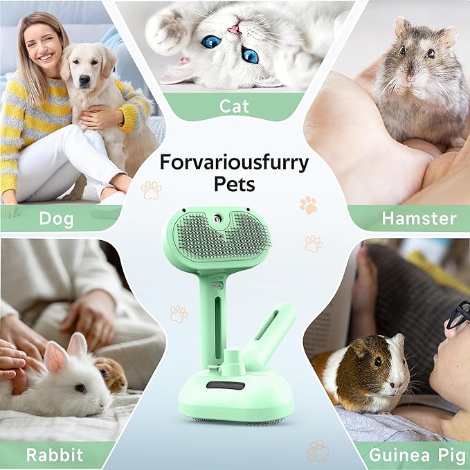 Pet Grooming Brush with Electronic Mist Spray - Gentle Deshedding Tool for Cats & Dogs, Pet Steam Brush,Reduces Shedding, Soft Bristles, Promotes Healthy Coat-Comes with a hair smoothing comb-Greener