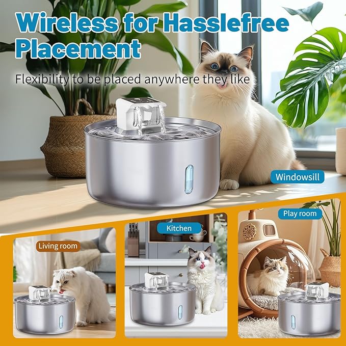 Automatic Wireless Pet Water Fountain - 7L/236oz Slow Water Bowl for Cats & Dogs, Motion Sensor Stainless Steel Dispenser with Quiet Pump, Cordless Filtered Water Bowl for Continuous Fresh Flow