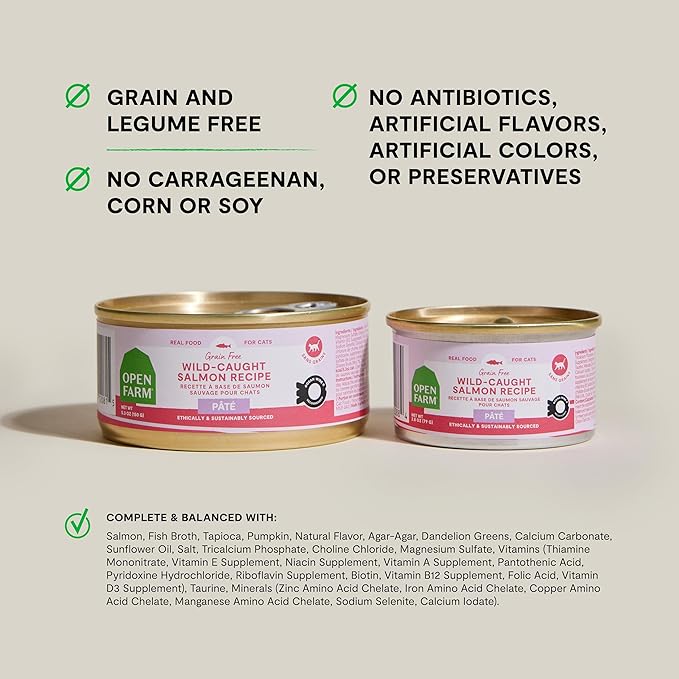 Open Farm Canned Cat Food, Paté for Complete & Balanced Nutrition, Grain-Free and Legume-Free Wet Cat Food, Salmon Recipe, 2.8oz Cans (Case of 18)