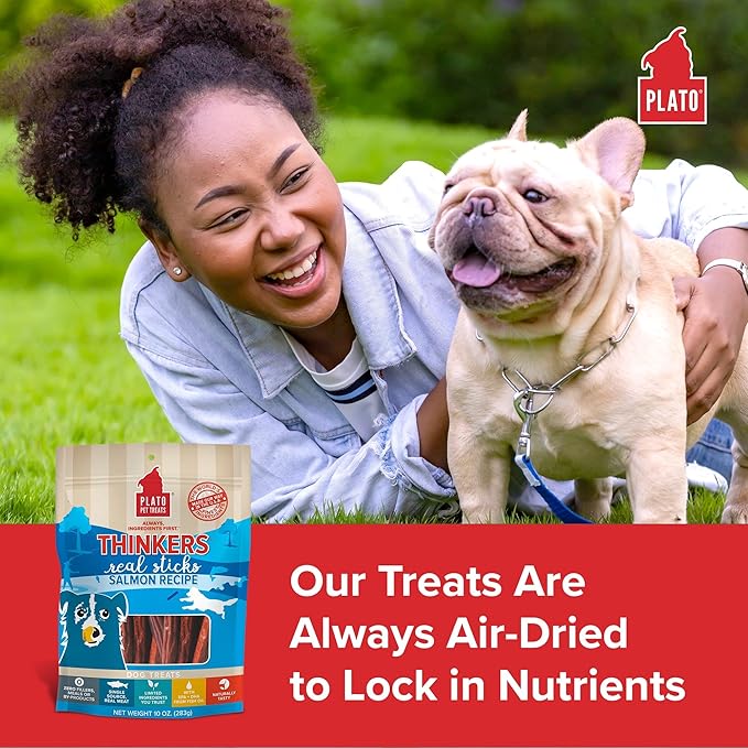 Plato Pet Treats Air Dried Dog Treats Salmon Thinkers Sticks, Natural Dog Treats, Real Meat, Air Dried, Made in the USA, 10oz