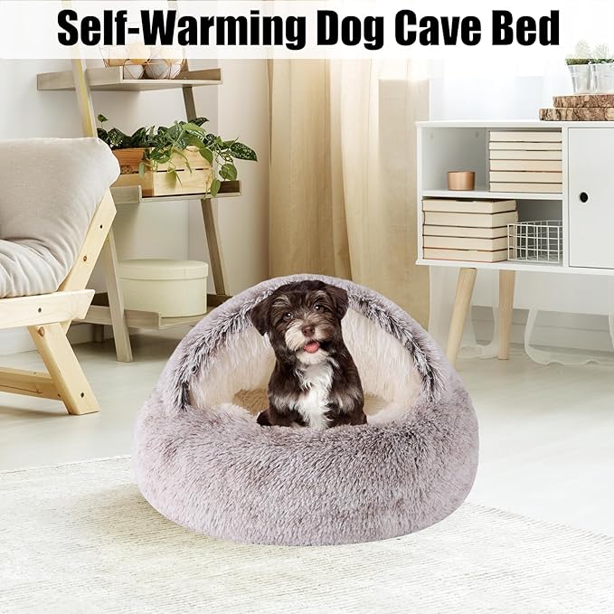 HYQ Small Dog Bed, Cat Beds for Indoor Cats Washable, Cozy Cat Cave Bed, Non-Slip Cat Beds, Calming Dog Bed with Hooded Cover, Dog Bed with Cover for Extra Small Pets (Coffee, 16×16 Inch)