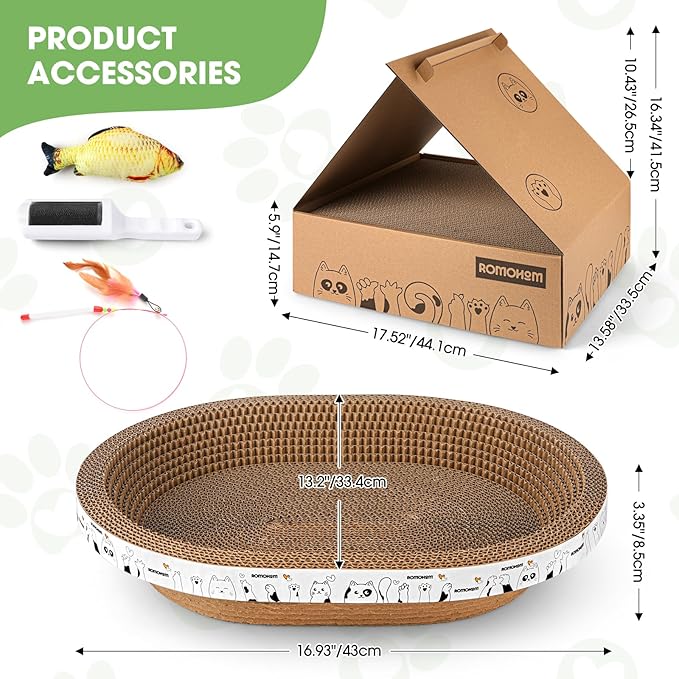 4PCS 2 Corrugated Cat Scratcher Lounge Bowl,1 Scratching Pad Cardboard with House,1 Brush, Oval Cat Bed for 2 Cats, Scratch Board for Cats, Cute Round Cat Lounger Scratcher for Furniture Protection
