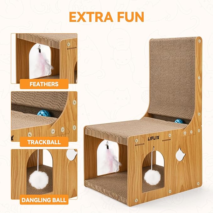L-Shaped Double-Layer cat Scratching Board, Cardboard cat Scratching Post with Toys, Cat Scratcher & Hideaway for Indoor Cats to Scratch, Rest and Play