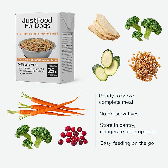 JustFoodForDogs Pantry Fresh Wet Dog Food Complete Meal or Dog Food Topper, Turkey & Whole Wheat Macaroni Human Grade Dog Food Recipe - 12.5 oz (Pack of 12)