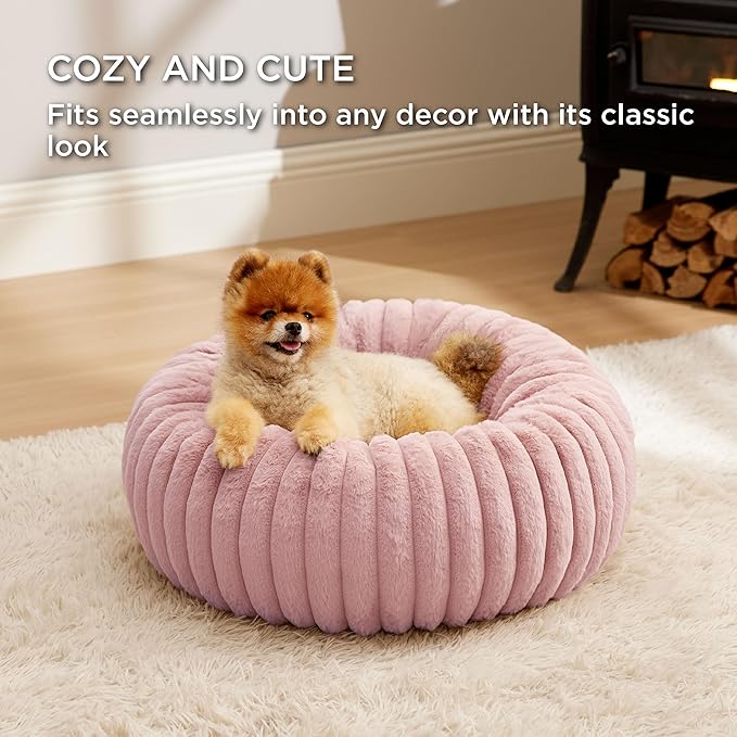 Bedsure Donut Small Dog Bed - Dog Beds for Small Dogs with Corduroy Fleece & Anti Slip Bottom, Round Faux Fur Pet Beds with Washable Removable Cover, Blush Pink, 23x23x8 inches