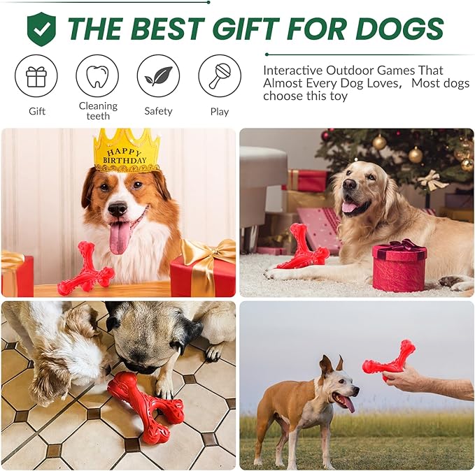Dog Chew Toys for Aggressive Chewers Large Breed,Indestructible Bones Toy,Durable Cleaning Toothbrush Natural Rubber Dog Toys… (Red)