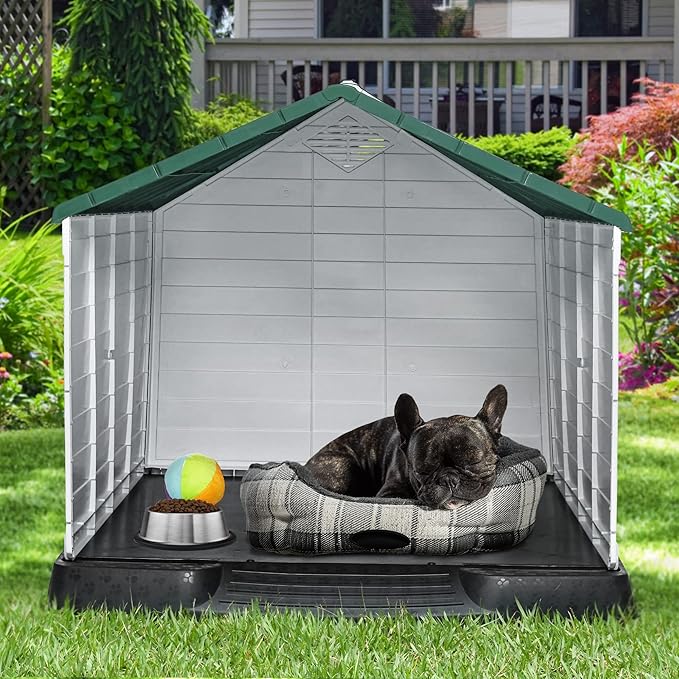 YITAHOME Large Plastic Dog House Outdoor Indoor Doghouse Puppy Shelter Water Resistant Easy Assembly Sturdy Dog Kennel with Air Vents and Elevated Floor