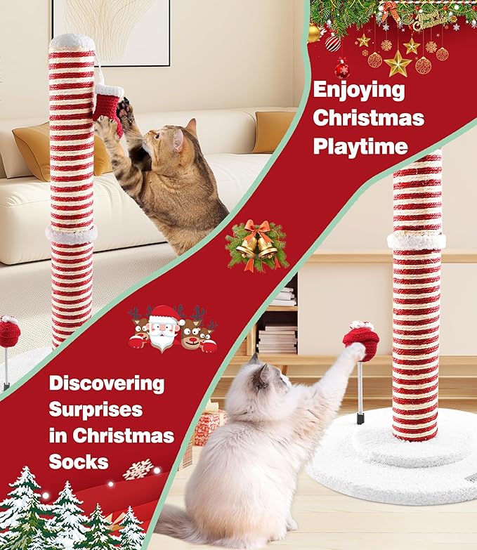 Christmas Cat Scratching Post,Christmas Cat Scratcher for Indoor Cats,Christmas Cat Tree Tower Activity Cat Play Center with Santa Danging Sock Toys and Gift Box