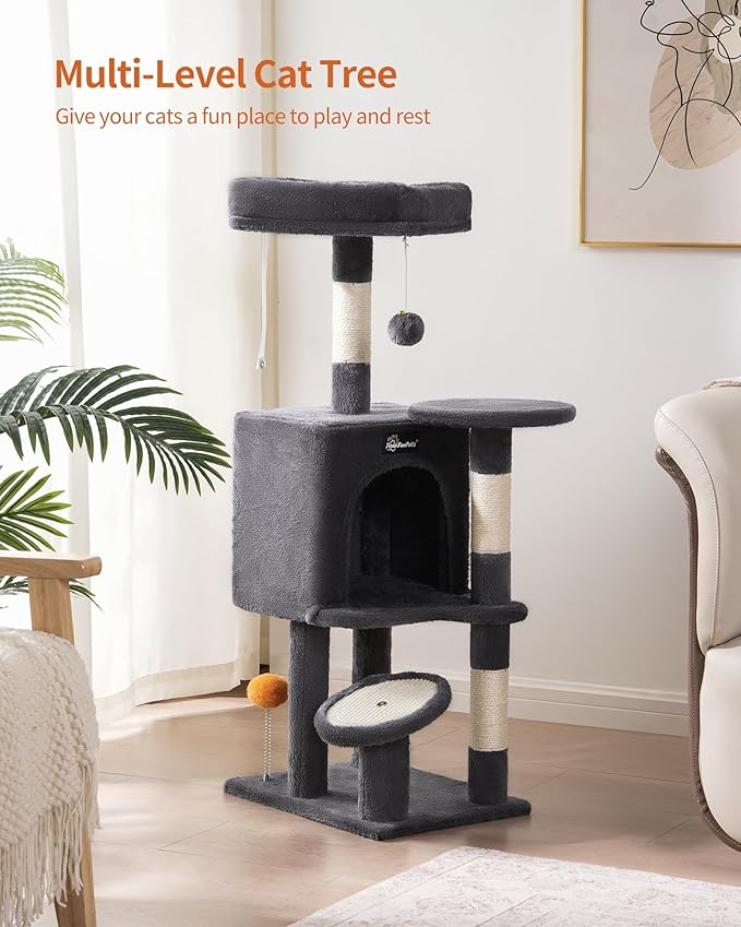 FourFurPets Small Cat Tree, Multi-Level Cat Tree for Indoor Cats, Cat Tower with Scratching Post, Cat Condo for Kittens, Dark Gray