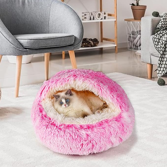 Cat Beds & Dog Bed with Cover Cave, Dog Beds for Small Dogs, Round Soft Plush Donut Calming Pet Bed for Indoor Cats or Small Dog, Washable Puppy Bed with Non-Slip Bottom-16inch