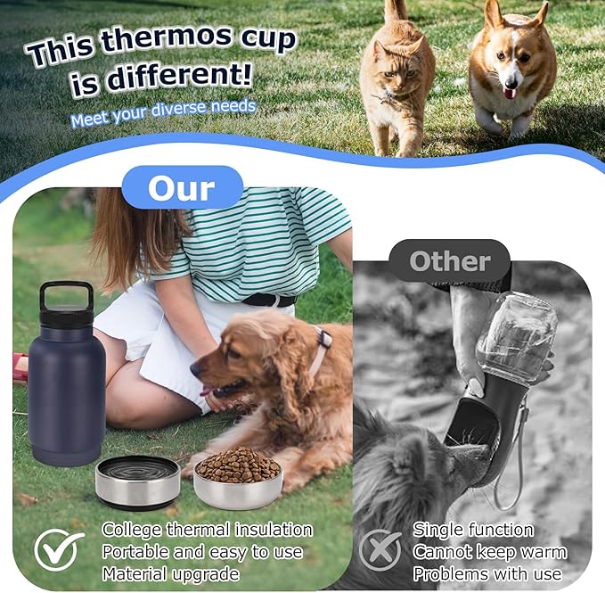 Dog Water Bottle, 3 in 1 Portable Insulated Pet Travel Water Bottle with 2 Detachable Water Bowl, Stainless Steel Travel Water Bottles for Dogs, 6-12H Insulation Dogs Travels Food and Water Container