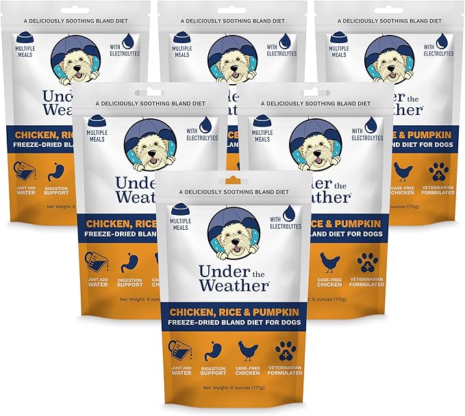 Under the Weather Bland Diet for Dogs | Easy to Digest for Sick Dogs |Always Be Ready | Contains Electrolytes - All Natural Freeze Dried 100% Human Grade Meats | 6 Pack - Rice, Chicken & Pumpkin - 6oz