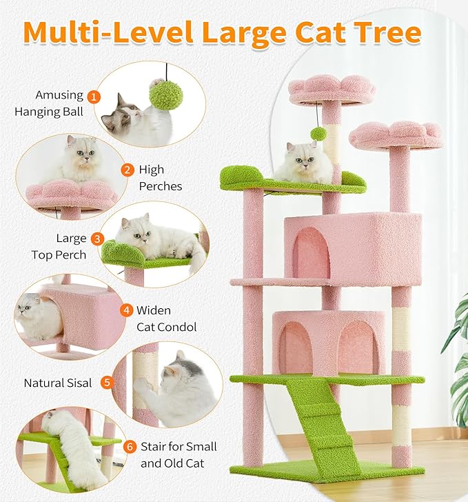 Made4Pets Cat Tree Tower 56" Cat Tower for Indoor Cats Kitten Tree Multi-Level Cat Tree with 2 Condo Furniture Activity Center with Scratching Posts Funny Toys (Pink Flower Green)