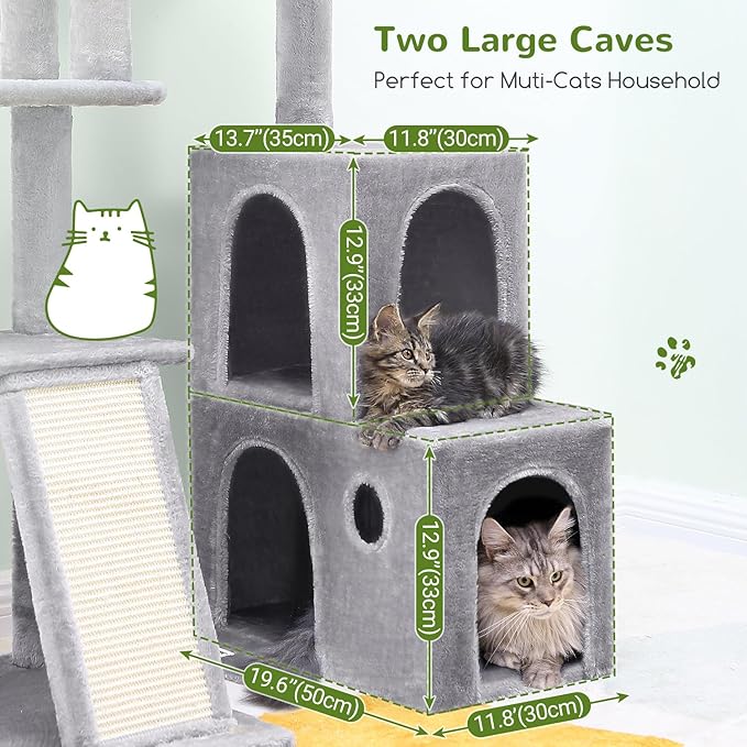 Globlazer Cat Tower for Indoor Adult Cats, 50-inch Heavy Duty Cat Tree for Big Cats, Cat Tree House with Extra-Large Padded Platform, Sisal Scratching Board, 2 Large Condos, F50, Light Grey