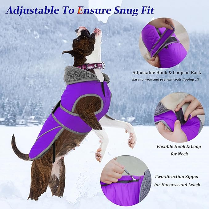 Dogcheer Dog Coat, Christmas Dog Jacket Waterproof Puppy Winter Coat for Cold Weather, Reflective Adjustable Pet Snow Jacket Warm Turtleneck Fleece Sweater for Small Medium Large Dogs - Purple, 3XL