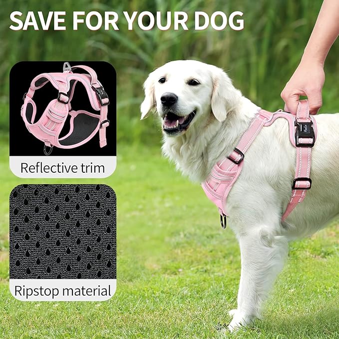 HEELE Dog Harness, No Pull Adjustable Padded Reflective Harness for Small Medium Large Dogs with Handle for Walking Training, Pink, XL