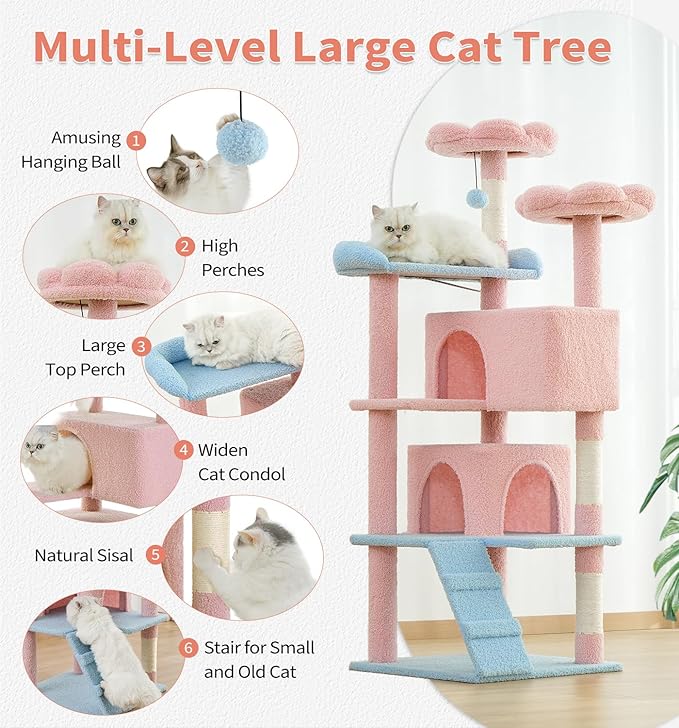 Made4Pets Cat Tree Tower 56" Cat Tower for Indoor Cats Kitten Tree Multi-Level Cat Tree with 2 Condo Furniture Activity Center with Scratching Posts Funny Toys (Pink Flower Blue)