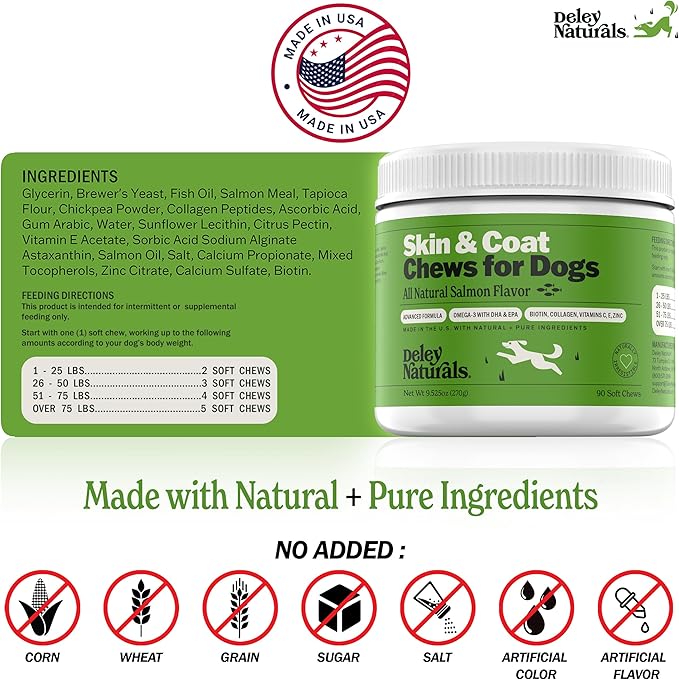 Deley Naturals Skin & Coat Chews - Dog Allergy Chews with Omega 3 Fish Oil, Biotin, Collagen and Essential Vitamins - Supports Dog Itching Skin Relief, Reduces Dryness and Healthy Coat - Made in USA