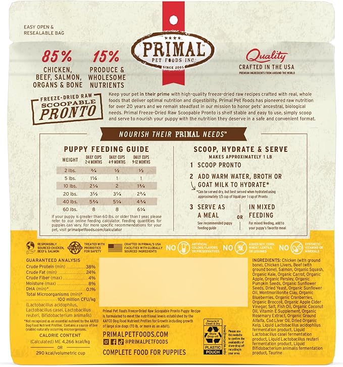 Primal Freeze Dried Puppy Dog Food, Pronto Mini Nuggets; Scoop & Serve, Complete & Balanced Meal; Also Use As Topper or Treat; Premium, Healthy, Grain Free, High Protein Raw Dog Food (7 oz)