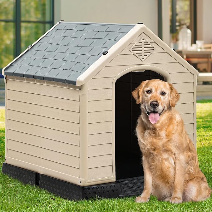 YITAHOME Large Plastic Dog House Outdoor Indoor Doghouse Puppy Shelter Water Resistant Easy Assembly Sturdy Dog Kennel with Air Vents and Elevated Floor