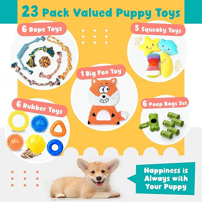 Zeaxuie 23 Pack Luxury Puppy Toys for Teething, Cute Small Dog Toys with Rubber Puppy Chew Toys, Treat Ball, Ropes and Plush Squeaky Dog Toys