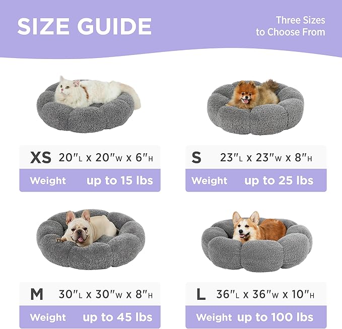 Lesure Calming Cat Beds for Indoor Cats - Cute Flower Pet Beds in Teddy Sherpa Plush, Donut Round Fluffy Puppy Bed, Non-Slip Extra Small Dog Bed Fits up to 15 lbs, Machine Washable, Grey 20"